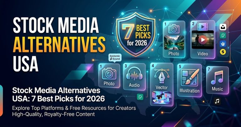 Modern graphic grid displaying photography, video footage, vectors, and music icons alongside text reading 'Stock Media Alternatives USA: 7 Best Picks for 2026'.