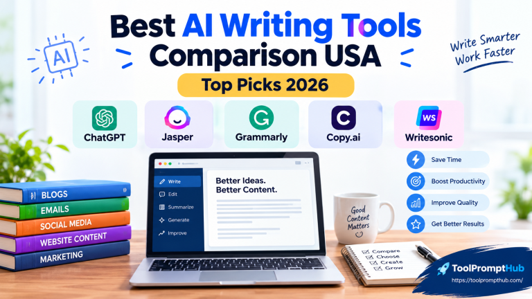 Best AI writing tools comparison USA 2026 featuring ChatGPT, Jasper, Grammarly, Copy.ai, and Writesonic