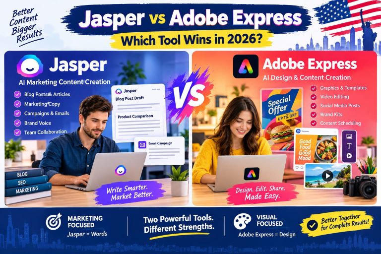 Jasper vs Adobe Express comparison in 2026 showing AI marketing content creation, blog writing, campaign tools, graphic design, video editing, and social media content for US businesses.