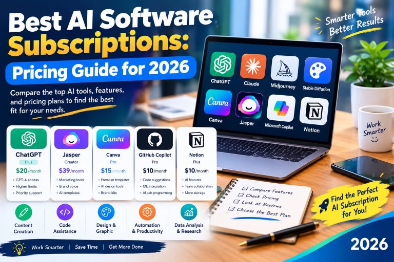 AI software subscriptions comparison for 2026 featuring ChatGPT, Jasper, Canva, GitHub Copilot, Notion, pricing plans, features, and productivity tools.